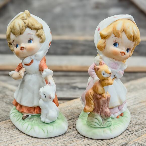 Pair of Vintage Homco Little Girl Figurines-Girl w/Cat and Girl w/ Squirrel, 3”H - Picture 2 of 7